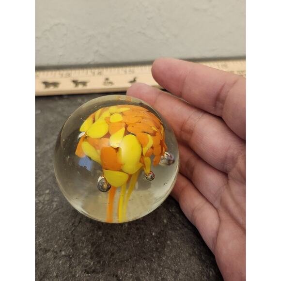 2 Hand‎ Blown Round Glass Paperweight with Yellow Orange Flowers Green Egg - Picture 4 of 13